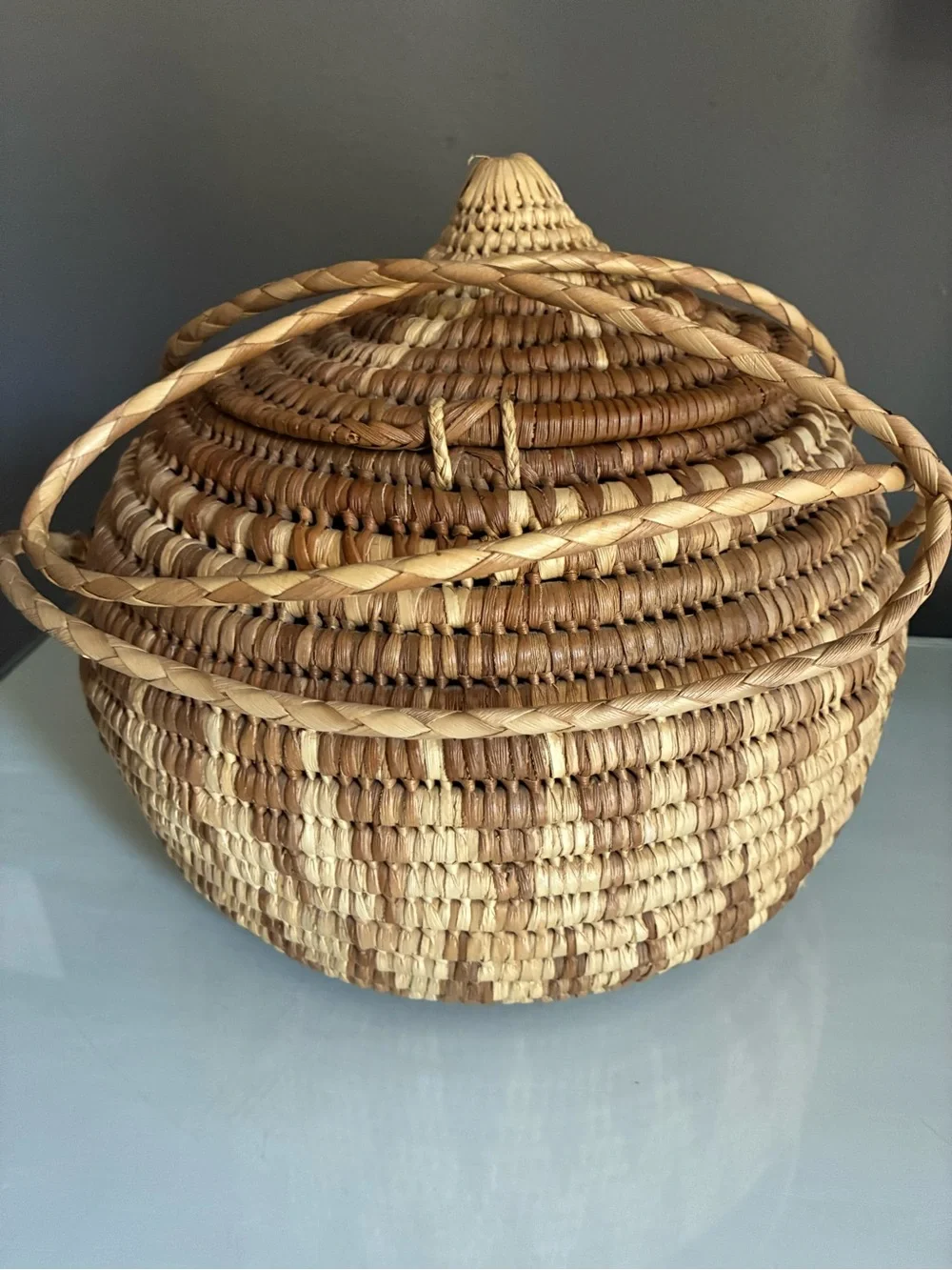 Handmade Lidded African Coiled Basket with Handles Natural Woven Storage Basket